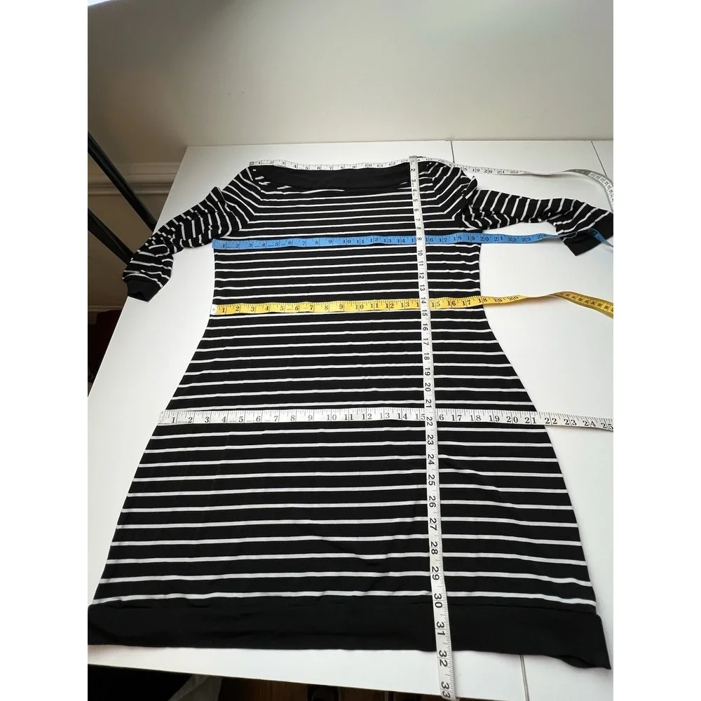 White House Black Market Tunic Dress L Black White Stripes Boat Coastal 3/4 Slv